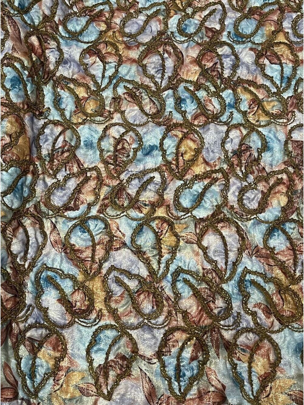 3 Yards VTG Designer Deadstock Quilted Metallic Leaf Soutache Embroidered Fabric